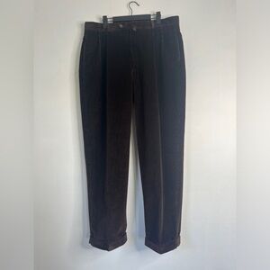 Tommy Hilfiger Wide Corduroy Pleated Cuff Trousers Dark Brown Pants Size 36x30